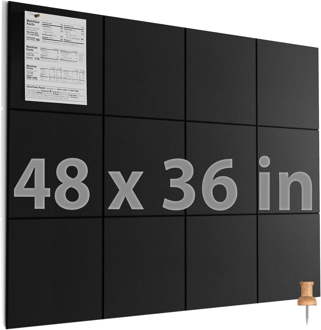 MaxGear Large Cork Board for Wall 48" x 36" Black Bulletin Board, 12 Pack Felt Wall Tiles with Pushpins, Cork Boards for Office Pin Board Tack Board for Photo Meno Decor