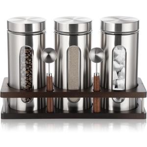 Suclain Stainless Steel Coffee Grounds Canisters with Shelf 3 x 50oz Sugar Coffee Bean Storage Container with Airtight Threaded Lid, Glass Window, Scoop Kitchen Storage Jar Set for Bar Creamer Nut Tea