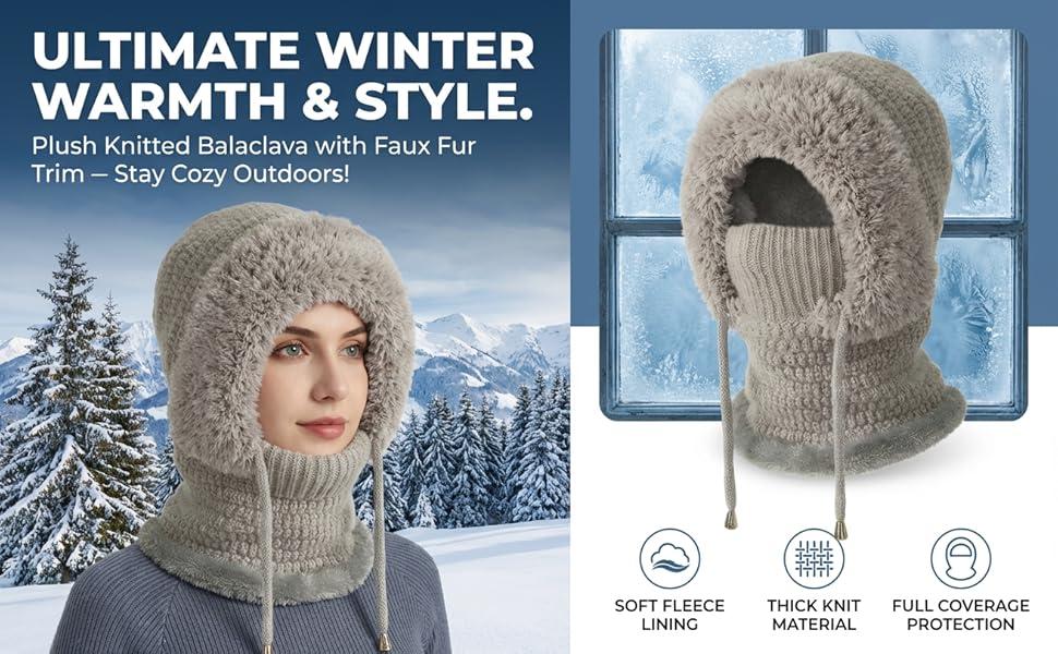 3-in-1 Women's Winter Knitted Balaclava Hat with Neck Warmer, 2026 New Multifunctional Cozy Fleece Ski Mask for Extreme Cold, Windproof Hooded Scarf for Outdoor Sports & Hiking（Gray）