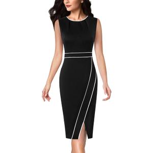 VFSHOW Womens Pleated Crew Neck Front Split Work Business Office Party Bodycon Pencil Sheath Dress (X-Large, Black+white Piping)