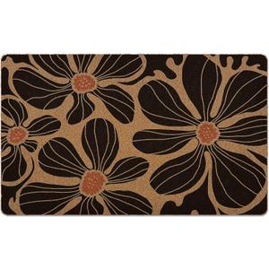 Boho Floral Door Mat, Black Coir Doormat, Flower Welcome Front Door Mat Indoor Outdoor Entrance for Camper, Botanical Rustic Artificial Doormat Rugs for Porch Entry Patio Kitchen 30x17in