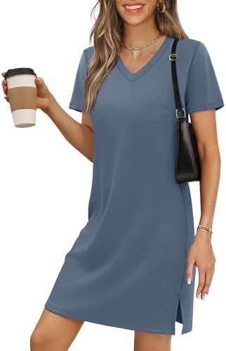 RUMIA Summer Casual Dresses for Women 2025 Mini Vacation Dress V-Neck Short Sleeve Split Hem Beach Sundress(Size M)