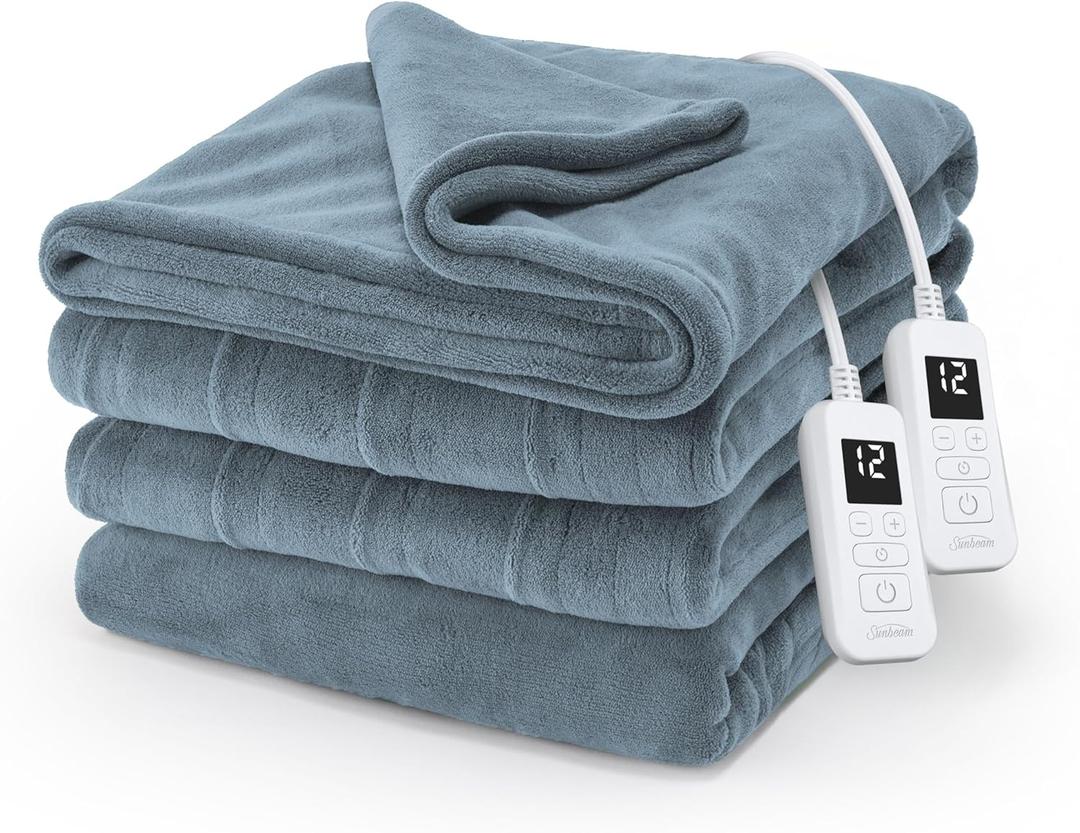 Sunbeam Electric Royal Luxe Microplush Heated Blanket, 12 Heat Settings, 12-Hour Auto Shut-Off, Fast Heating, Warm and Cozy, Cadet Blue Color, Full (84" x 72")