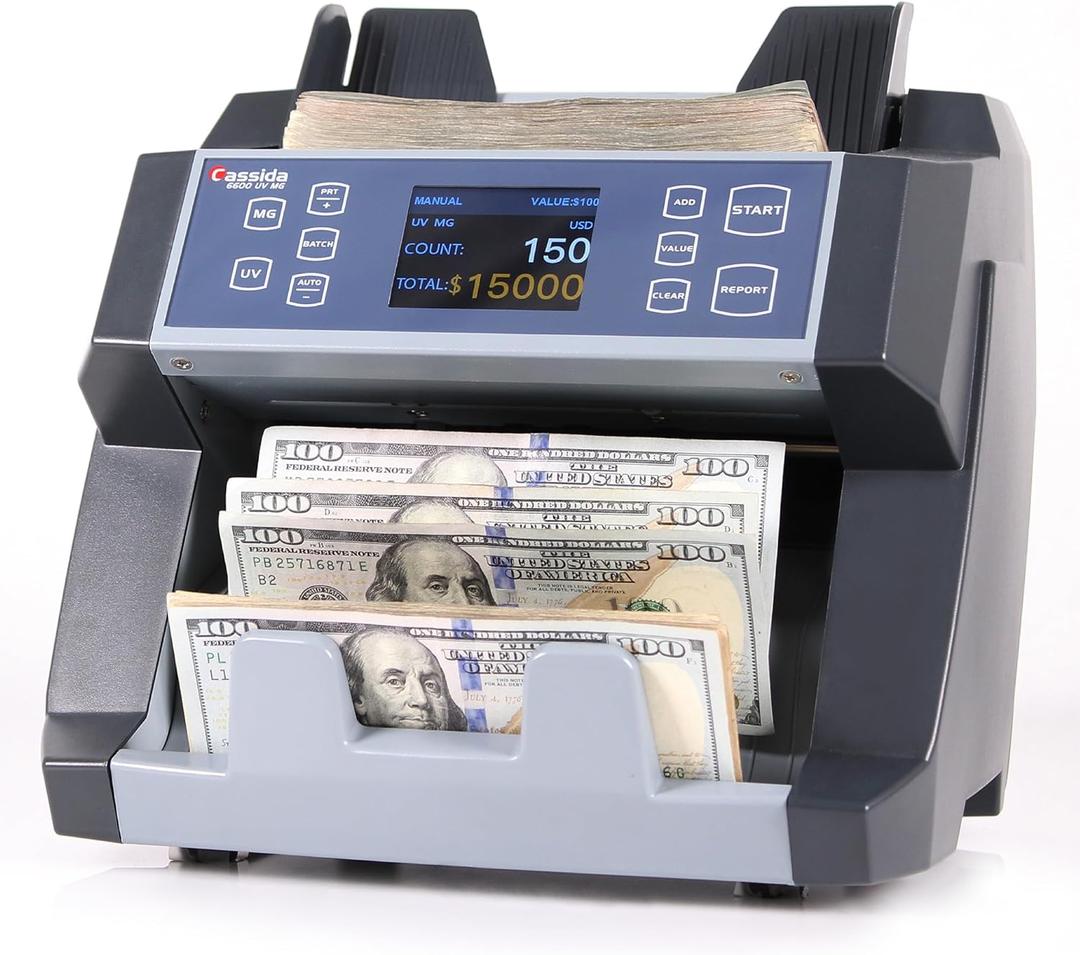 Cassida 6600 UV/MG  USA Business Grade Money Counter with UV/MG/IR Counterfeit Detection  Top Loading Bill Counting Machine w/ValuCount, Add and Batch Modes  Fast Counting Speed 1,400 Notes/Min