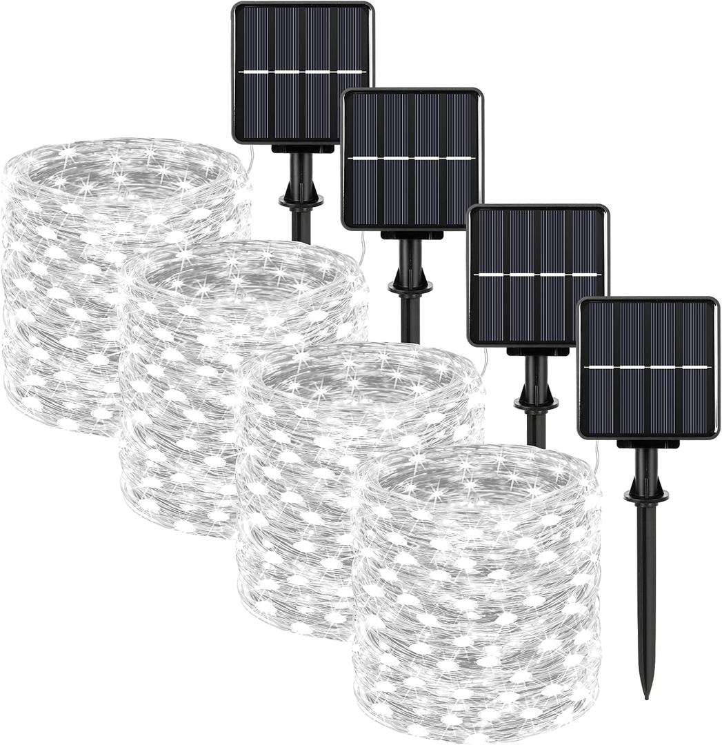 Extra-long 288FT 800 LED Solar Fairy String Lights, 4-Pack 72FT 200 LED Outdoor Twinkle Lights Waterproof 8 Lighting Modes Cool White Silver Wire Lights for Deck Backyard Tree Garden Fence Pool Party