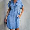 Summer Denim Dress for Women Short Sleeve Button Down Casual Western Jean Dresses (Small, blue)