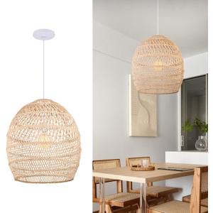 Arturesthome Boho Wicker Chandelier,W 15.7"*H 18" Rustic Rattan Basket Pendant Light Fixture Coastal,Farmhouse Hanging Lighting for Dining Table Kitchen Island Bedroom