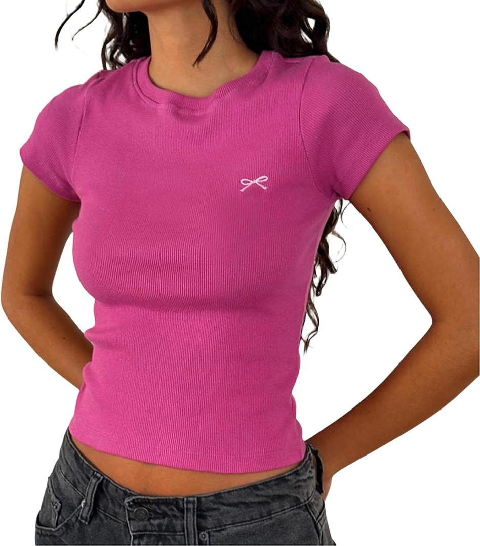Women Y2K Crop Tops Short Sleeve Ribbed Knit Shirts Cute Bow Embroidery Tee Shirts Teen Girls Slim Fitted Baby Tees (Large, Fuchsia)