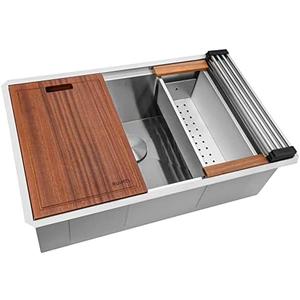 Ruvati 32-inch Workstation Undermount 16 Gauge Stainless Steel Kitchen Sink Single Bowl- Soundproof Undermount Sink with Brushed Finish hides scratches, Modern Workstation Kitchen Sink-RVH8300