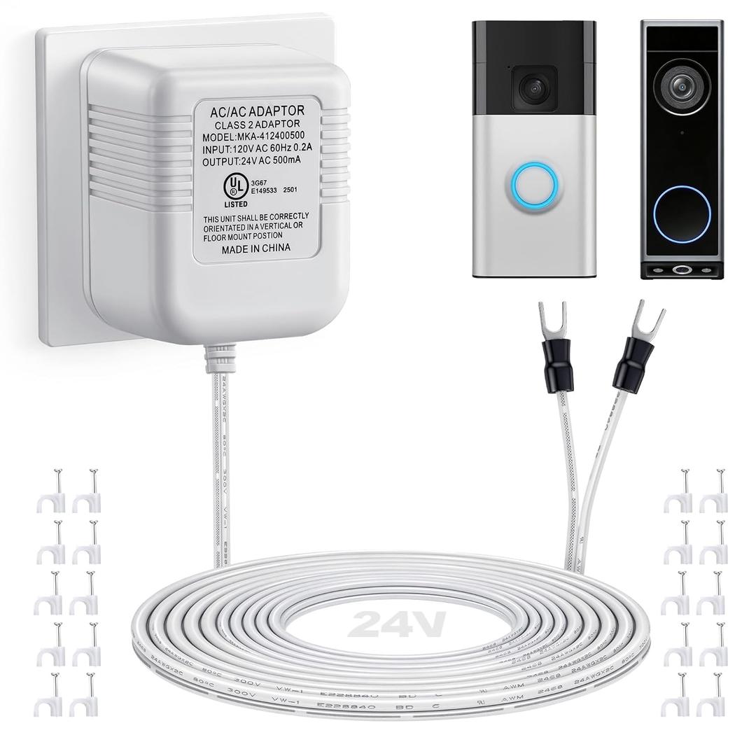 AC 24V Doorbell Transformer, C Wire Adapter Compatible with Ring Video Doorbell, 16.4 FT Cable Transformer Power Supply Compatible with Eufy, Nest, Thermostat, UL Certification Plug in Adapter