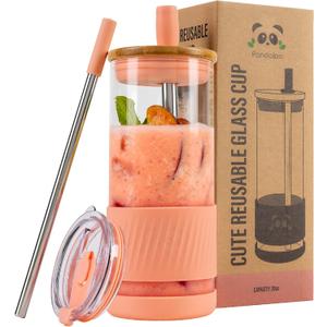Pandaloo Glass Cups With Lids and Straws -20 Fl Oz- Perfect Size Iced Coffee Cup - Smoothie Cup With Bamboo Lid and On the go Lid (Peach Fuzz, 1 Count (Pack of 1)