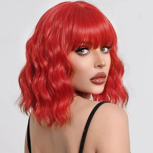 Short Bob Wavy Wig with Bangs for Women Loose Curly Wig Look natural Shoulder Length Bob Synthetic Cosplay Wig for Girl Colorful Costume Wigs