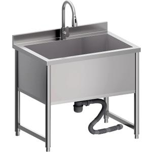 Stainless Steel Commercial Restaurant Sink, Freestanding Large Commercial Sink with Pull-out Faucet for Kitchen Dishwashing, Thawing, Pet Cleaning, Laundry Room, 35 Gallon, 23.6"D x 33.5"W x 36.8"H