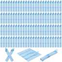 100 Pack Pre Rolled Blue Plastic Cutlery Set with Paper Napkins, Blue Pre Rolled Silverware Set Disposable for Wedding, Party, and Event, Pre Wrapped Plastic Utensils with Napkins for Baby Shower