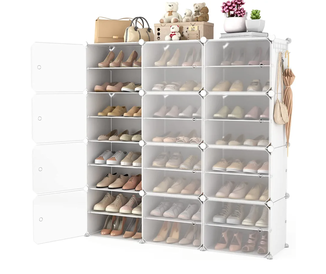 Portable Shoe Rack Organizer with Door, 48 Pairs Shoe Storage Cabinet Easy Assembly, Plastic Adjustable Shoes Organizer Stackable Detachable Free Standing Shoes Rack White