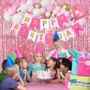 Pink Gold Birthday Party Decorations, Happy Birthday Banner, Pink Fringe Curtain, Heart Star Foil Confetti Balloons, Hanging Swirls for Women Girls Birthdays Princess Party