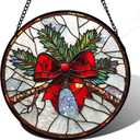 DASTOLL Stained Glass Window Hanging - Pine Branches Red Bow Suncatcher for Doors Home Christmas Decoration Silver Sun Catcher Thanksgiving New Year Birthday Gifts for Women Men Mom Nana 15 in
