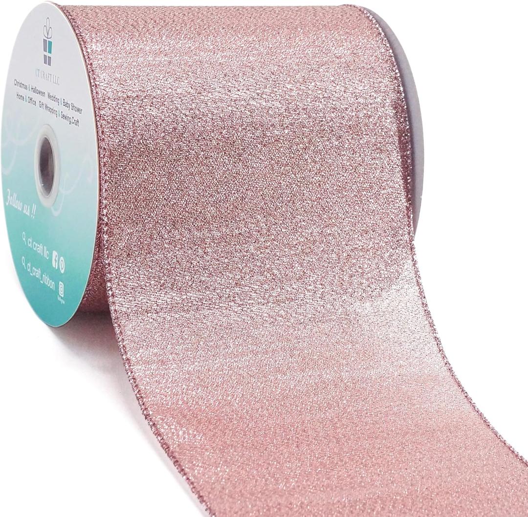 CT CRAFT LLC Metallic Diamond Wired Ribbon 4" x 10 Yards Rose Gold for Christmas Home Decor Bow Gift Wrapping DIY Crafts Wreath Garland Wedding