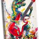 Dinosaur Canvas Wall Art Graffiti Dinosaur Pictures Colorful Prints Abstract Animals Playing Guitar Posters for Bedroom Decor(Animal-1,16L x 24W)