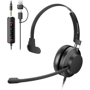 USB Headset with Microphone for PC & Laptop - Noise Reduction On-Ear Wired Headphones with in-Line Volume Control, Call Answer Button for MS Teams, IP Phones, Work, Zoom, Skype (Black)