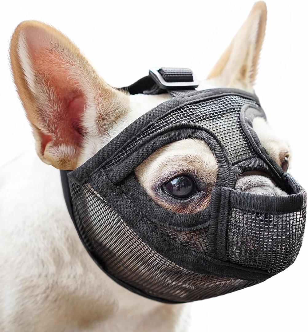 Mayerzon Short Snout Dog Muzzle for French Bulldog with Full Pant Design to Prevent Eating Biting, Soft Mesh Dog Muzzle for Shih Tzu Pug English Bulldog for Grooming Walking, Allow to Drink and Feed (S [Head Cir: 15"-17.5"], Black)