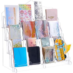 Acrylic Card Display Stand 4 Tier 16 Pockets Clear Display Sticker Holder Display for Vendor Events Acrylic Organizer Shelf for Greeting Cards Postcards Stickers Brochures