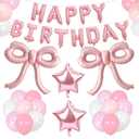 Bow Party Decorations Pink Happy Birthday Balloons Banner Pink Birthday Decorations Bow Balloons for Women Girls Birthday Decor Party Supplies