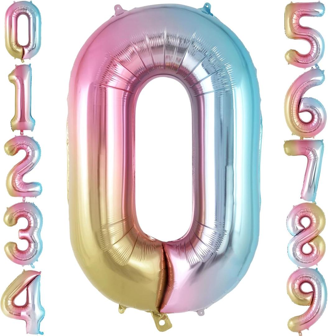 Rainbow Gradient Number 0 Balloon, 40 Inch Big Large Foil Number Balloons, Jumbo Mylar Number 0 Balloons for Birthday Party Decorations Supplies Anniversary Celebration