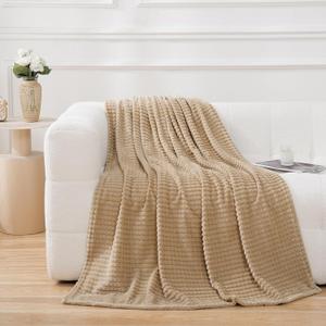 Puncuntex Flannel Fleece Beige Throw Blanket 50"60", Super Soft Plush Cozy Blanket with 3D Jacquard Square Grid Design Luxury for Couch Sofa Chair, Khaki