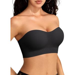 Vertvie Strapless Bras for Women Non-Slip Push Up Wireless Bandeau Bra Seamless Comfort Padded Tube Top Supportive Bralette (Black, M)