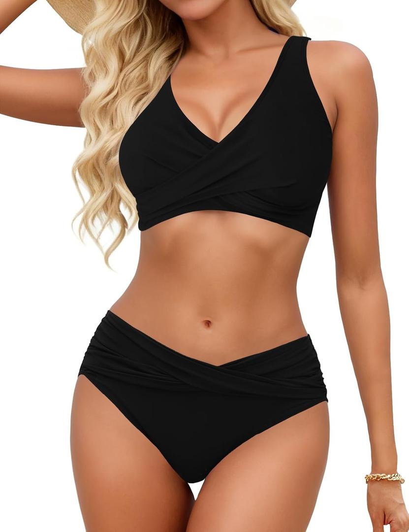 Women Twist Front Bikini Sets Two Piece Swimsuit Criss Cross Tie Back Bathing Suit (Black, L)