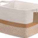 Goodpick Woven Storage Baskets for Organizing, Rectangle Cotton Rope Basket for Dog Toys Books Magazines, Stylish Gift Basket for Living Room Home Decor, 13" x 10" x 9", White & Camel Mix