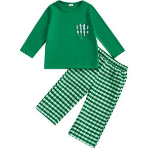 Ayalinggo St Patricks Day Baby Girl Boy Outfit Green Shamrock Long Sleeve Shirt Top Plaid Pants Set Saint Patrick's Clothes (Green)