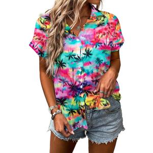 Women Hawaiian Shirt Soft Cool Summer Hawaii Tshirts Beach Tropic Print V Neck Button up Tops Floral Short Sleeve Tops (Medium, Colour)