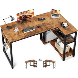 Casaottima L Shaped Computer Desk, 48 Inch Small Corner Desk with Storage Shelves & PC Stand, Reversible Gaming Desk for Bedroom, Modern Writing Study Table for Home Office, Vintage