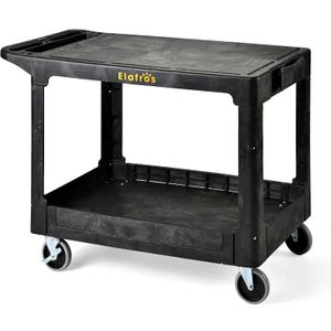 ELAFROS Large Heavy Duty Plastic Utility Cart Flat top 42.5 x 25 Inch - Work Cart Flat Shelves and Full Swivel Wheels Holds up to 550 lbs - 2 Tier Service Cart for Warehouse,Garage, Cleaning Black