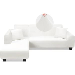 Sectional Couch Covers L Shape Sofa Covers Super Stretch 2pcs Sofa Slipcovers for 3 + 3 Seaters Sectional Chaise Slipcover with 2pcs Pillow Covers for Pets Kids, White