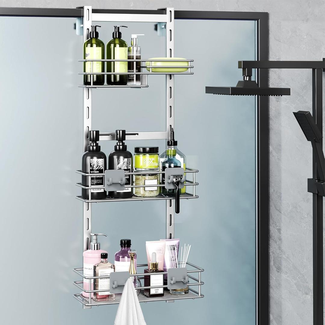 Orimade Over The Door Shower Caddy Adjustable 3 Tier Silver,Bathroom Hanging Organizer Shelf Rustproof with 4 Hooks,Shower Basket with Soap Holder and Suction Cup