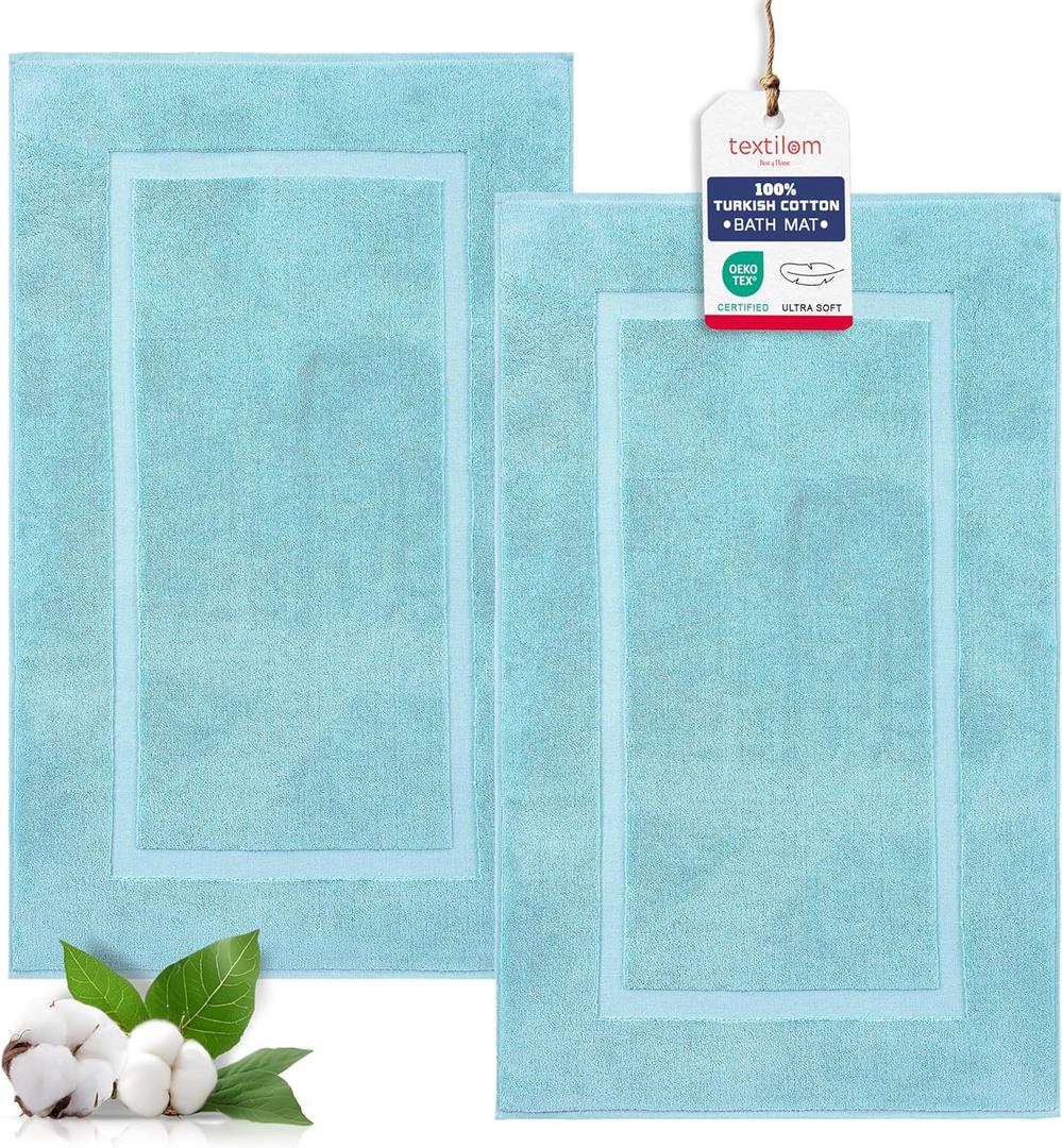 TEXTILOM Luxury 2 Pack Banded Cotton Bath Mats for Bathroom Floor [ Hotel, Spa, Tub, Shower Bath Mat Floor Towel Set ], Machine Washable & Soft & Absorbent & Quick Dry (20''x34'')- Aqua