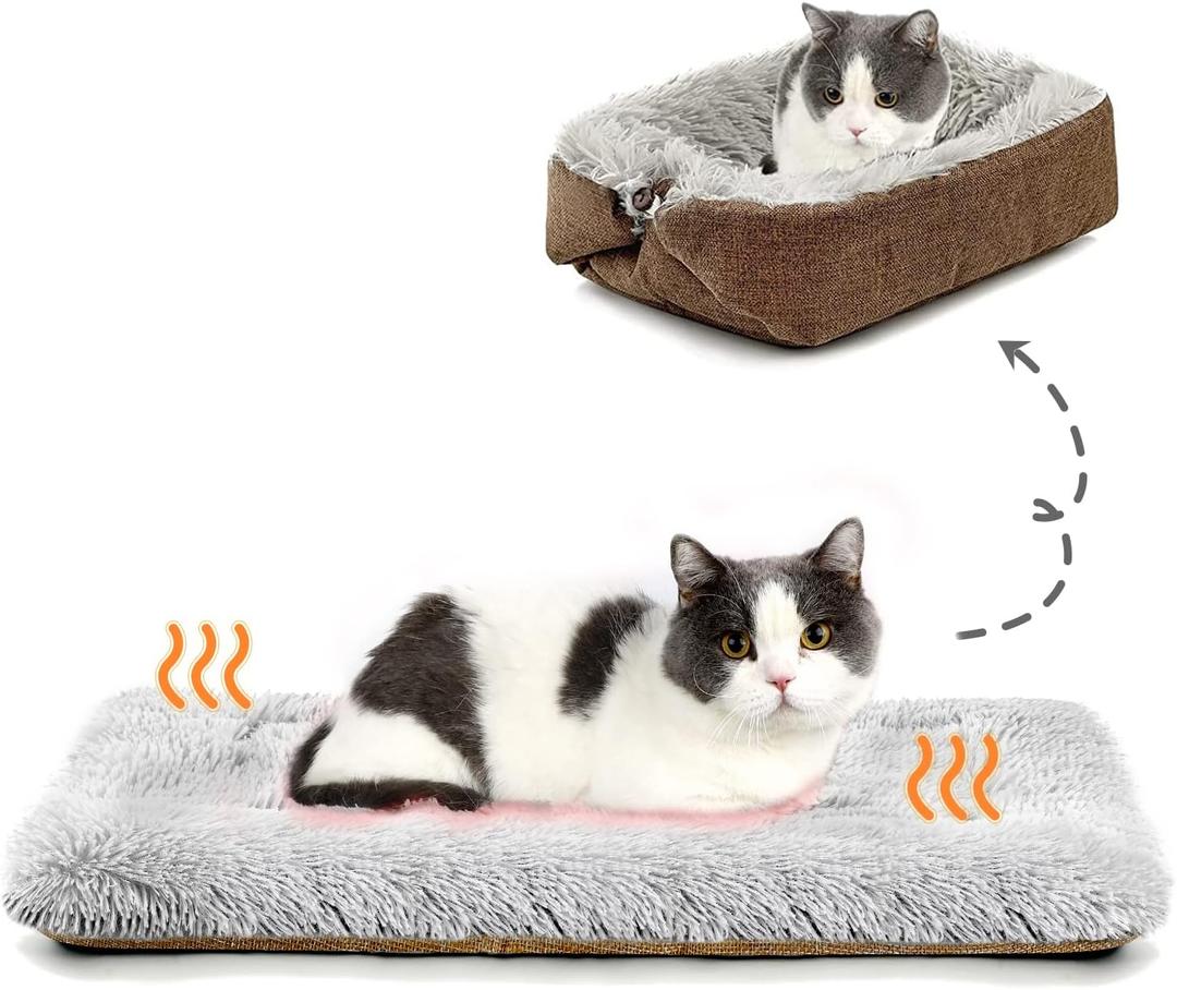 Self Warming Cat Bed, Foldable Self Heated Cat Mat Extra Warm Thermal Heating Pet Pad 24 x 20 inch for Indoor Outdoor Cats, Non-Slip Bottom Washable Non Electric Black (Brown)