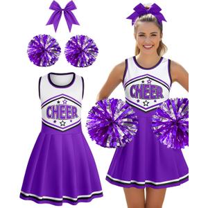 JenPen 3 Pcs Halloween Cheerleader Costume for Women Adult Cheerleader Outfit Set Cheerleading Uniform Dress for Party (Large, Purple)