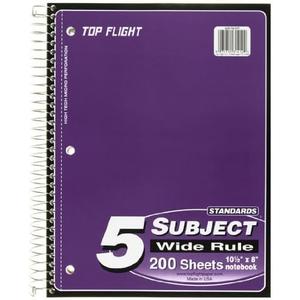 Top Flight Standards 5-Subject Wirebound Notebook, 200 Sheets, 3-Hole Punched, Wide Rule, 10.5 x 8 Inches, 1 Notebook, Color May Vary (31412)