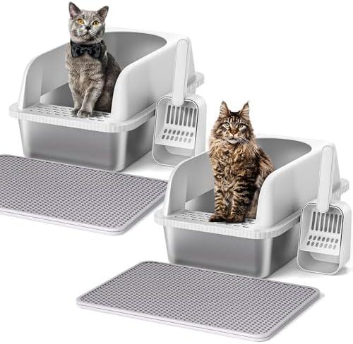 Henkelion 2 Pack Stainless Steel Cat Litter Box with Lid, 20" L x 14.2" W x 11.8" H, Extra Large Litter Box for Big Cats with High Sided, Anti-Urine Leakage, Easy Cleaning, Include Cat Mat and Scoop