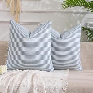 CARRIE HOME Light Blue Boho Striped Pillow Covers 18x18 Farmhouse Outdoor Pillow Covers Blue Room Decor for Couch Sofa Bedroom Set of 2