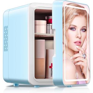 Skincare Fridge, 4L Makeup Mini Fridge With Dimmable LED Light Mirror for Bedroom, Car, Office & Dorm, Cooler & Warmer, Small Refrigerator for Cosmetics, Skin Care and Food (Mirror, Aqua)