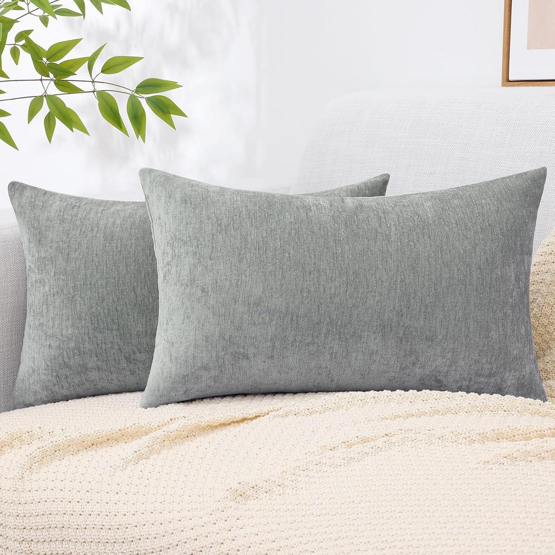 decorUhome Chenille Grey Throw Pillow Covers 12x20 Inch Set of 2, Decorative Soft Couch Pillow Covers Solid Dyed Accent Farmhouse Neutral Rectangle Pillow Cases for Sofa Bed Living Room