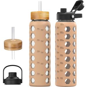 MUKOKO Glass Water Bottles, 32oz Glass Tumbler with Straw, Drinking Bottles with 2 Lids-Handle Spout Lid&Bamboo Straw Lid, Motivational Water Bottle with Time Marker and Silicone Sleeve, 1 Pack-Amber