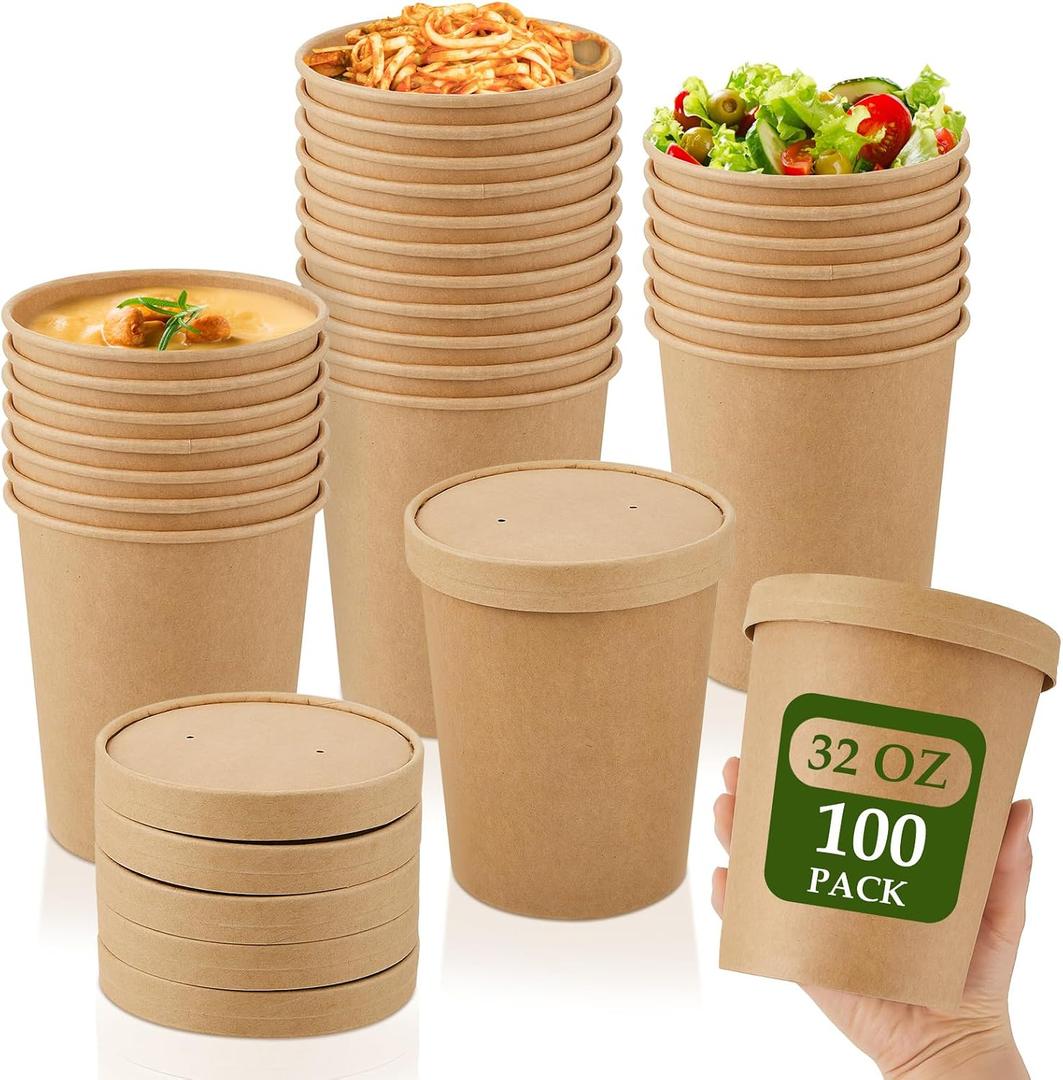 Sabary 100 Pack 32 oz Paper Soup Containers with Lids Food Cups with Vented Lids Microwavable and Freezer Kraft Hot Soup Bowl Food Storage Disposable Ice Cream Cups for Restaurant Party Supply, Brown