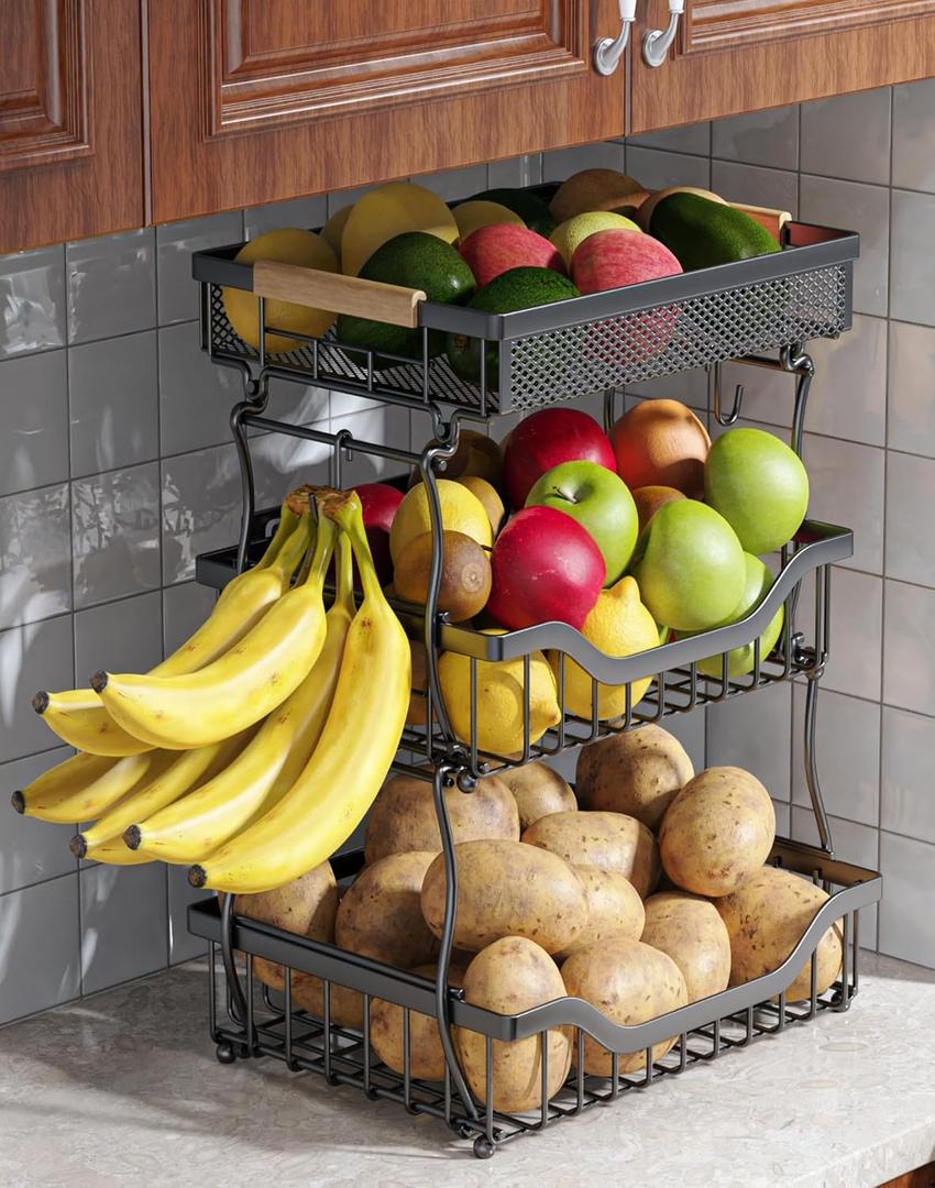 3-Tier Fruit Basket for Kitchen Counter, Wall Hanging Fruit Bowl and Kitchen Countertop Organizer with 2 Banana Hangers, Fruit Storage Stand for Storing Potato Onion Snack Bread Fruit Veggie