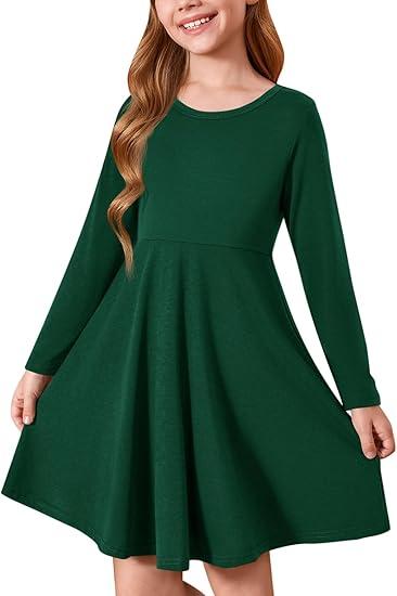 Haloumoning Girls Long Sleeve T-Shirt Dresses Kids Fall A-Line Twirly Skater Dresses 5-14 Years, Dark Green 